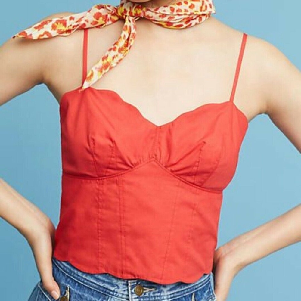 Anthropologie MAEVE Size 2 Bo Red Cropped Top Scalloped Bustier Button‎ Back